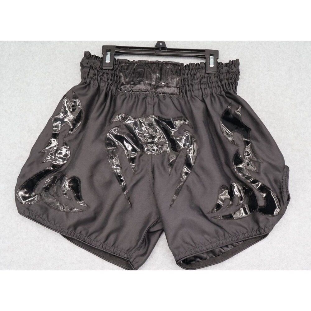 Venum Muay Thai Shorts Black Gloss Logo Elastic Waist Sz XL Excellent Condition